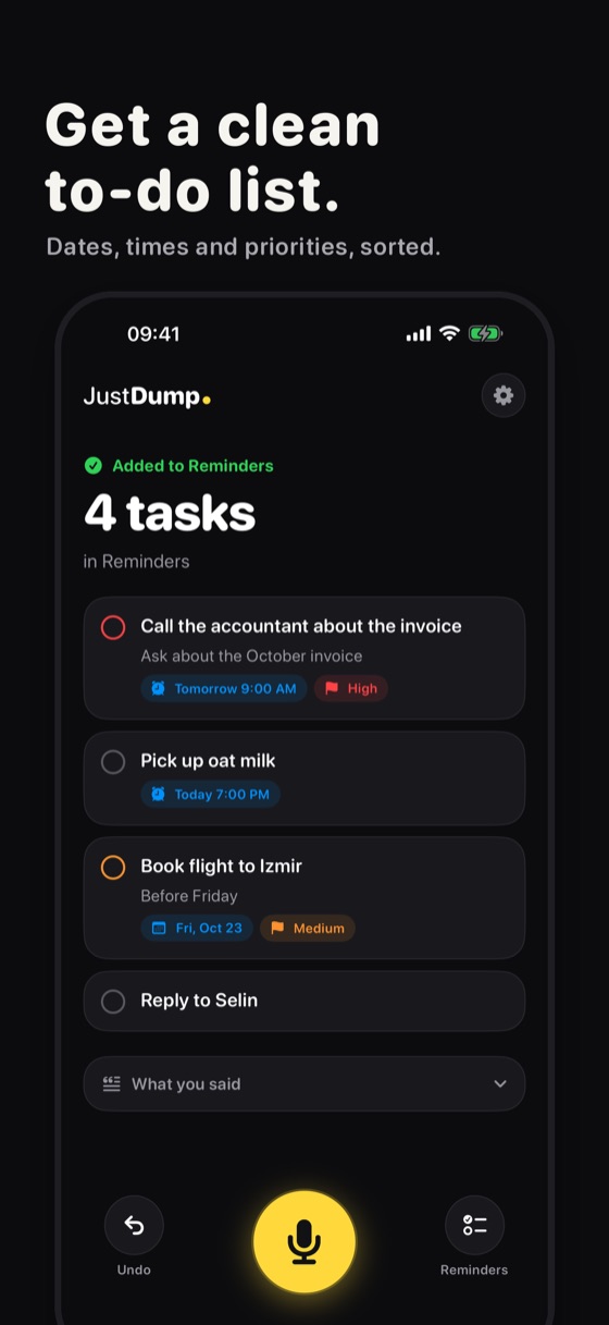 JustDump showing four tasks added to Reminders